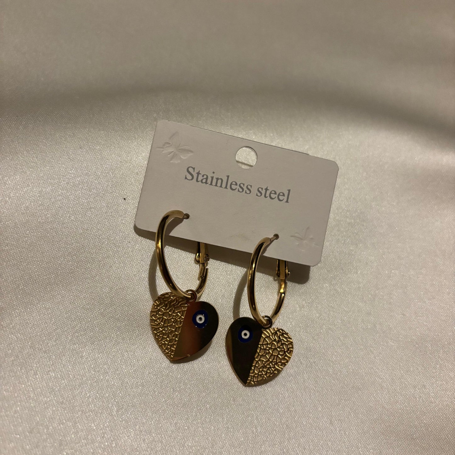 Lune Steel Evil Eye Beaded Gold Heart Earrings