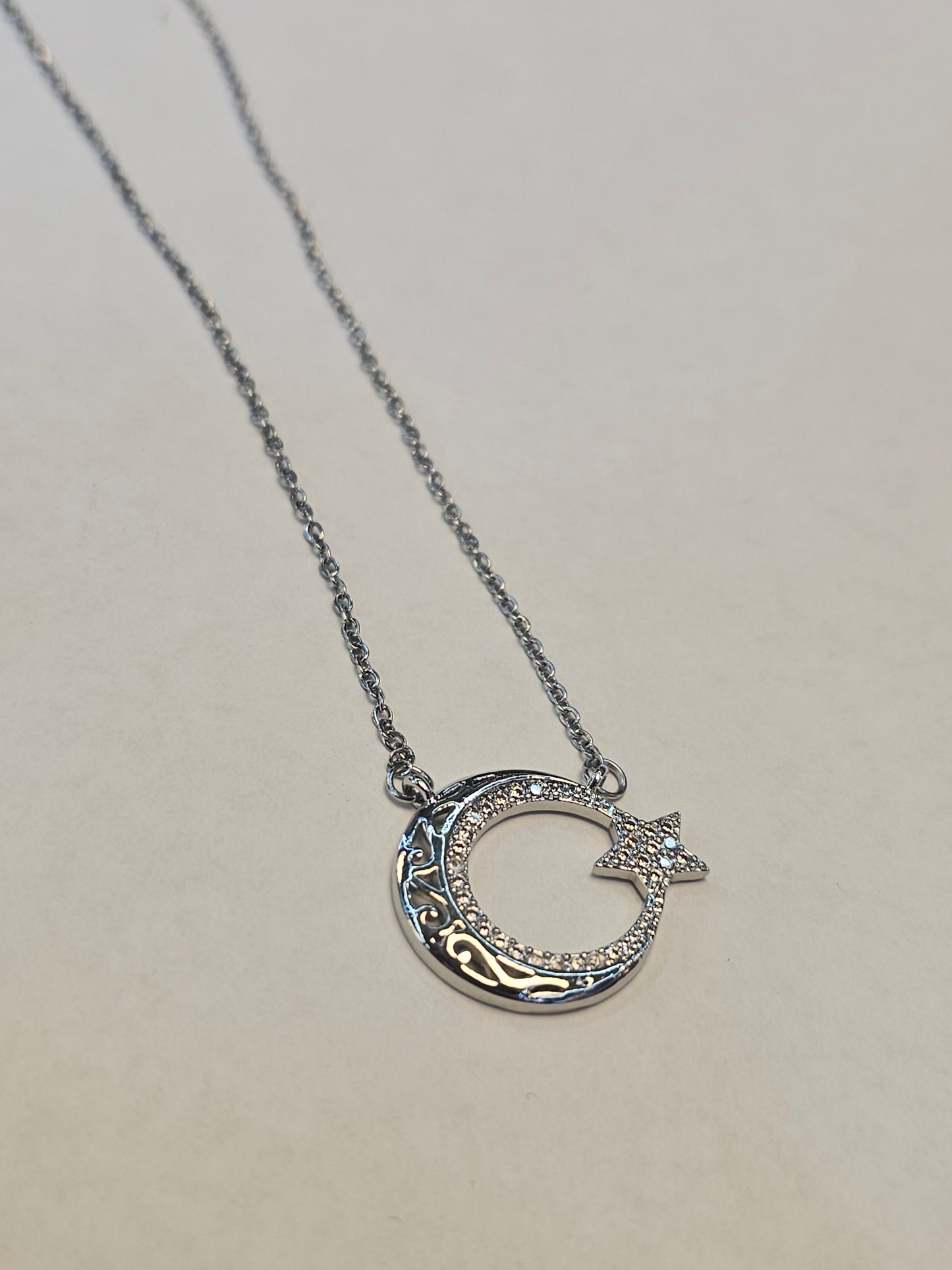 Crescent Star Silver Spiral Stone Steel Necklace