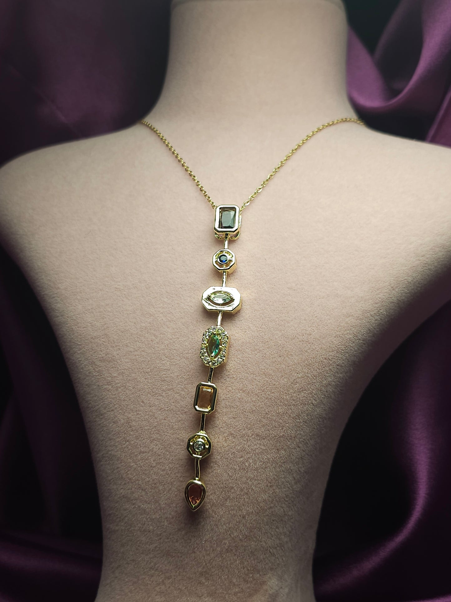 7 Elements Y Model Steel Necklace with Lune Stone