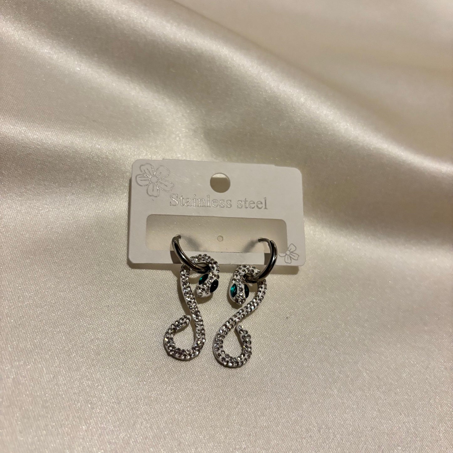 Lune Steel Green Eyed Snake Silver Earrings