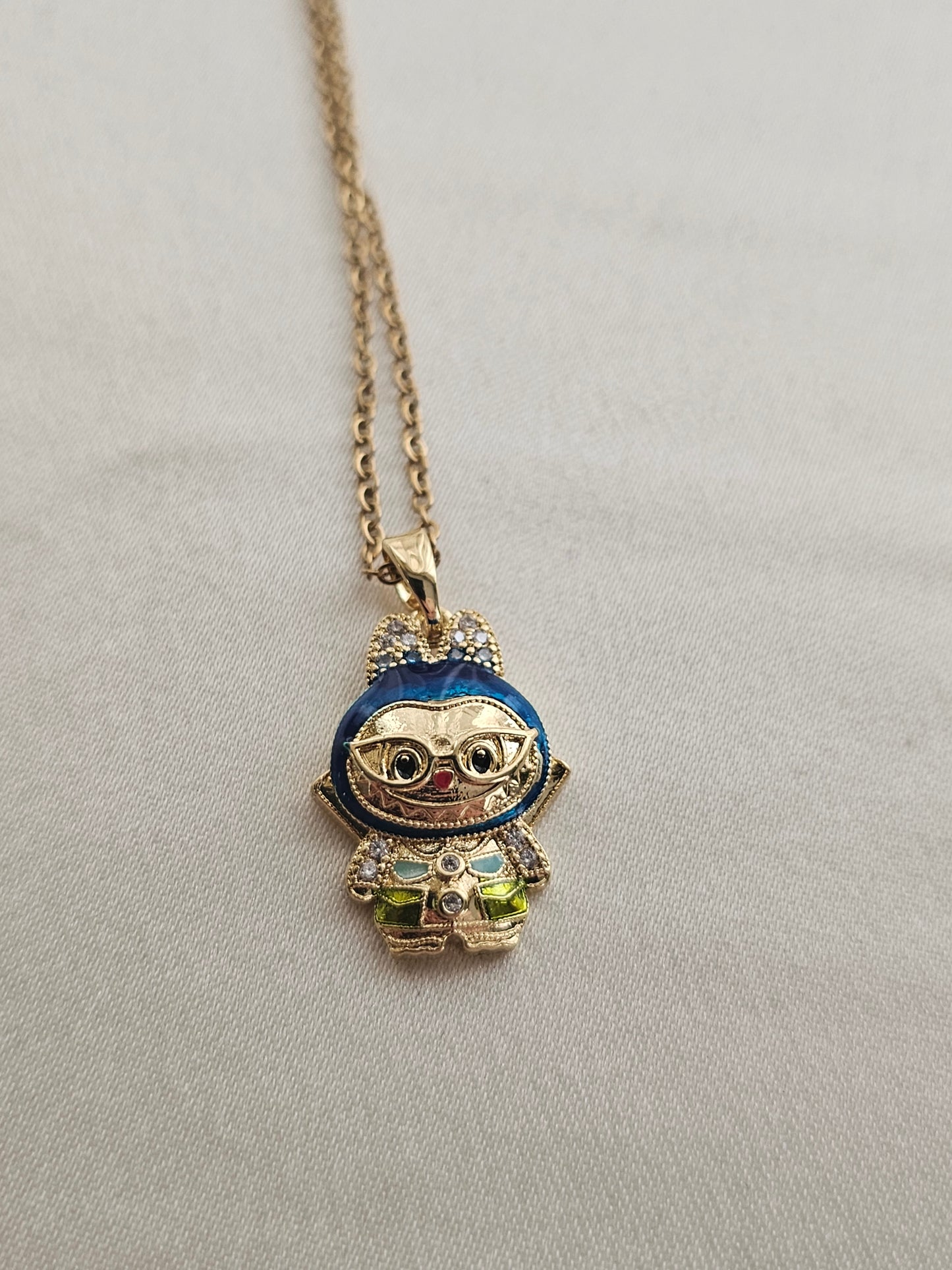 Labubu Blue Glasses Gold Steel Necklace