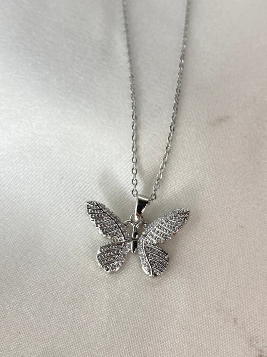 Taşlı Kelebek Silver Çelik Kolye