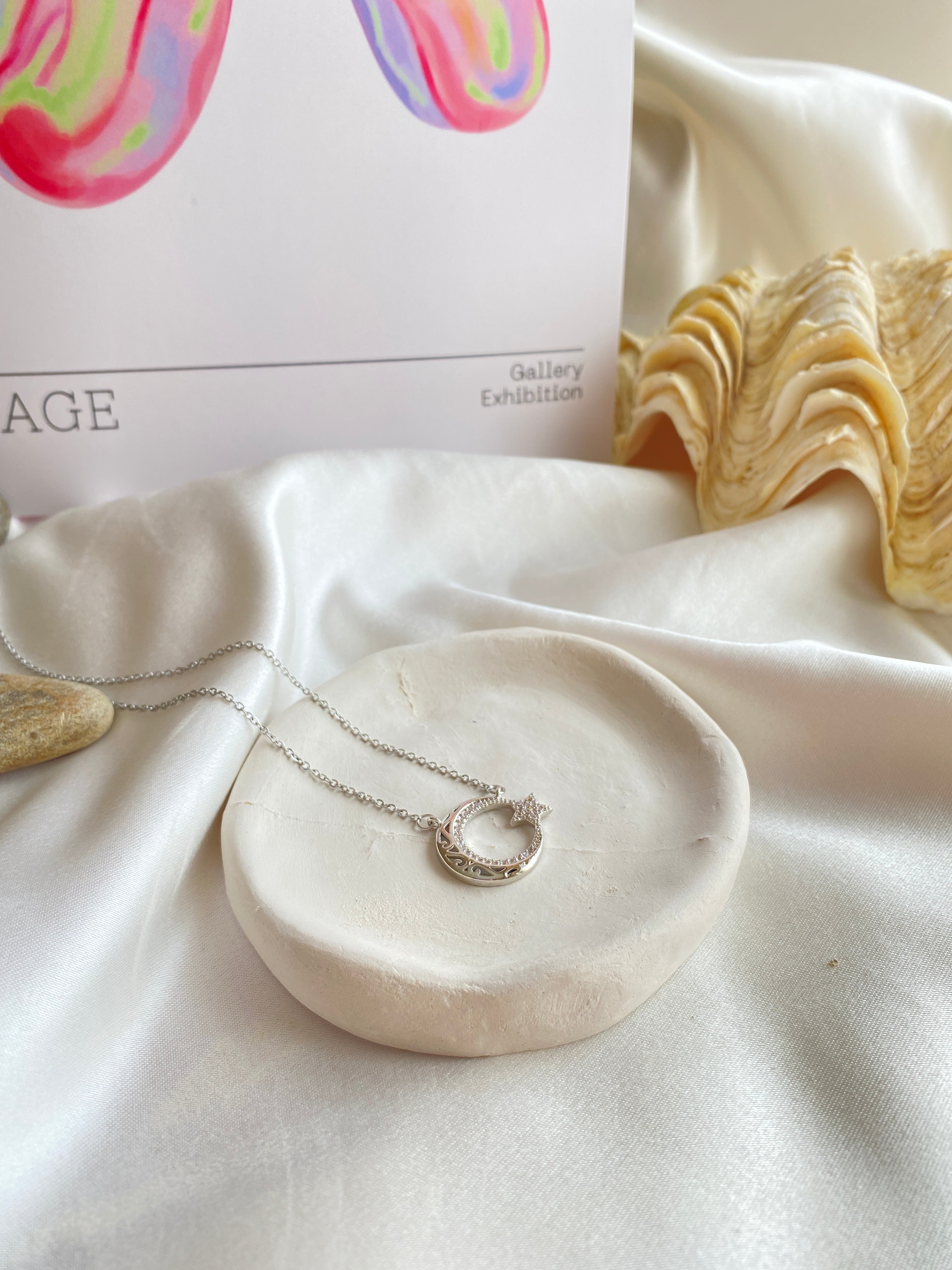 Ay Yıldız Silver Sarmal Taşlı Çelik Kolye