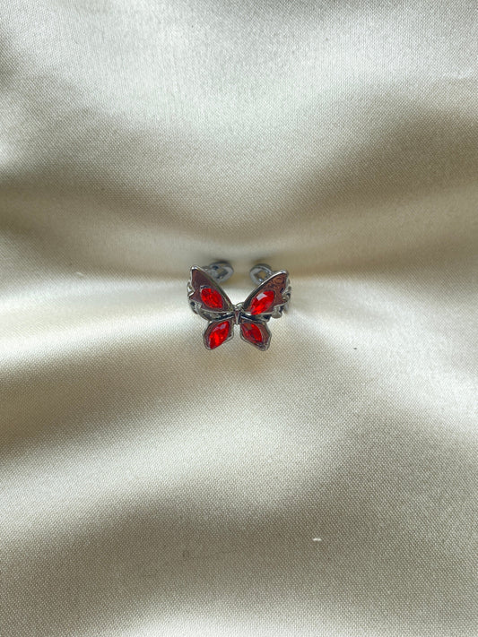 Kırmızı Taş Kelebek Çelik Yüzük