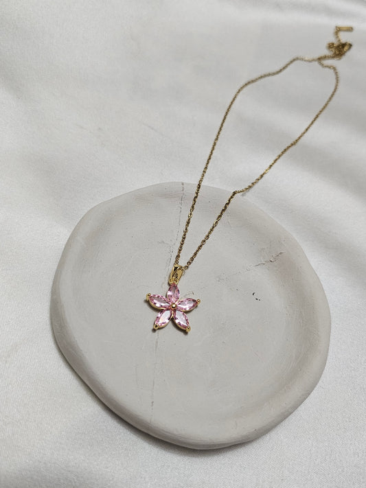 Pink Flower Gold Steel Necklace
