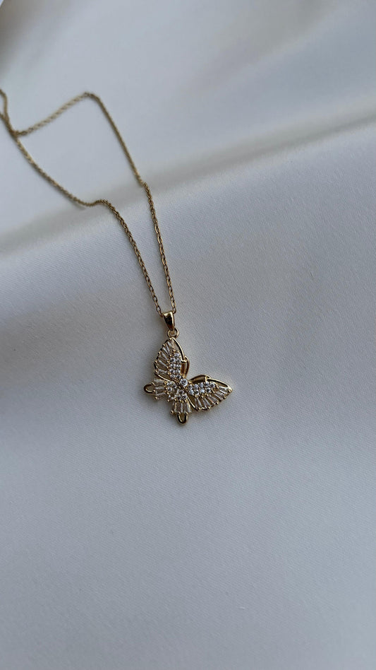Gold Butterfly Necklace with Lune Stone