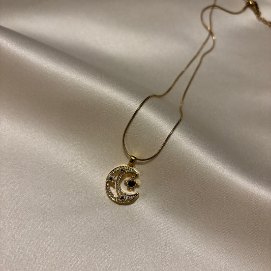 Lune Çelik Ay Yıldız Yonca Kolye Gold