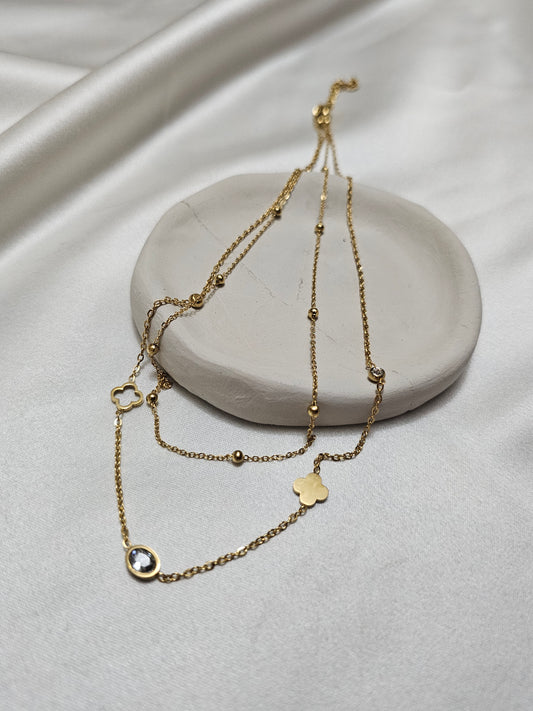 Steel Gold Necklace with Clover Stone