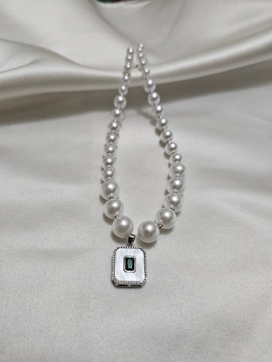 Emerald Stone Pearl Silver Necklace Steel