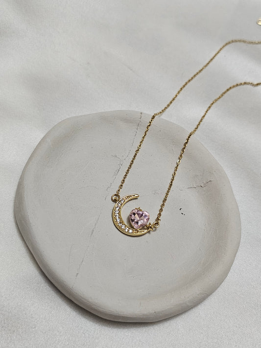 Hilal Gold Pembe Taşlı Çelik Kolye