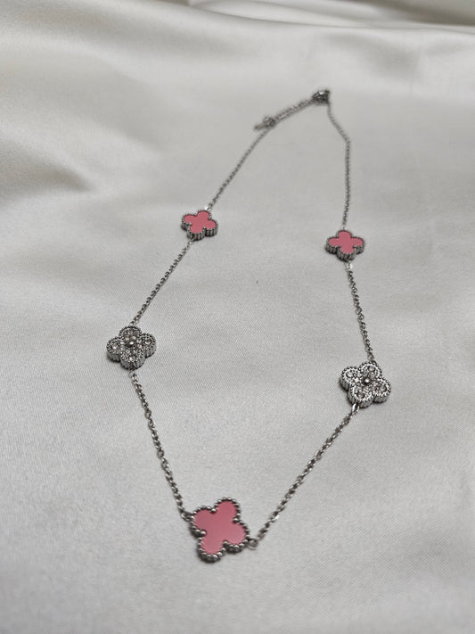 Clover Pink &amp; White Steel Necklace